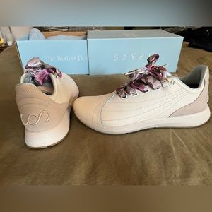 BNIB Saysh One Limited Edition white leather sneakers, silk scarf
